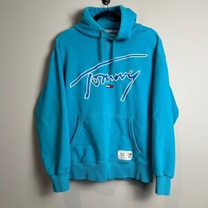 Y2K Tommy Jeans Hoodie Men's Medium 100% Cotton Turquoise Sweatshirt Logo Street